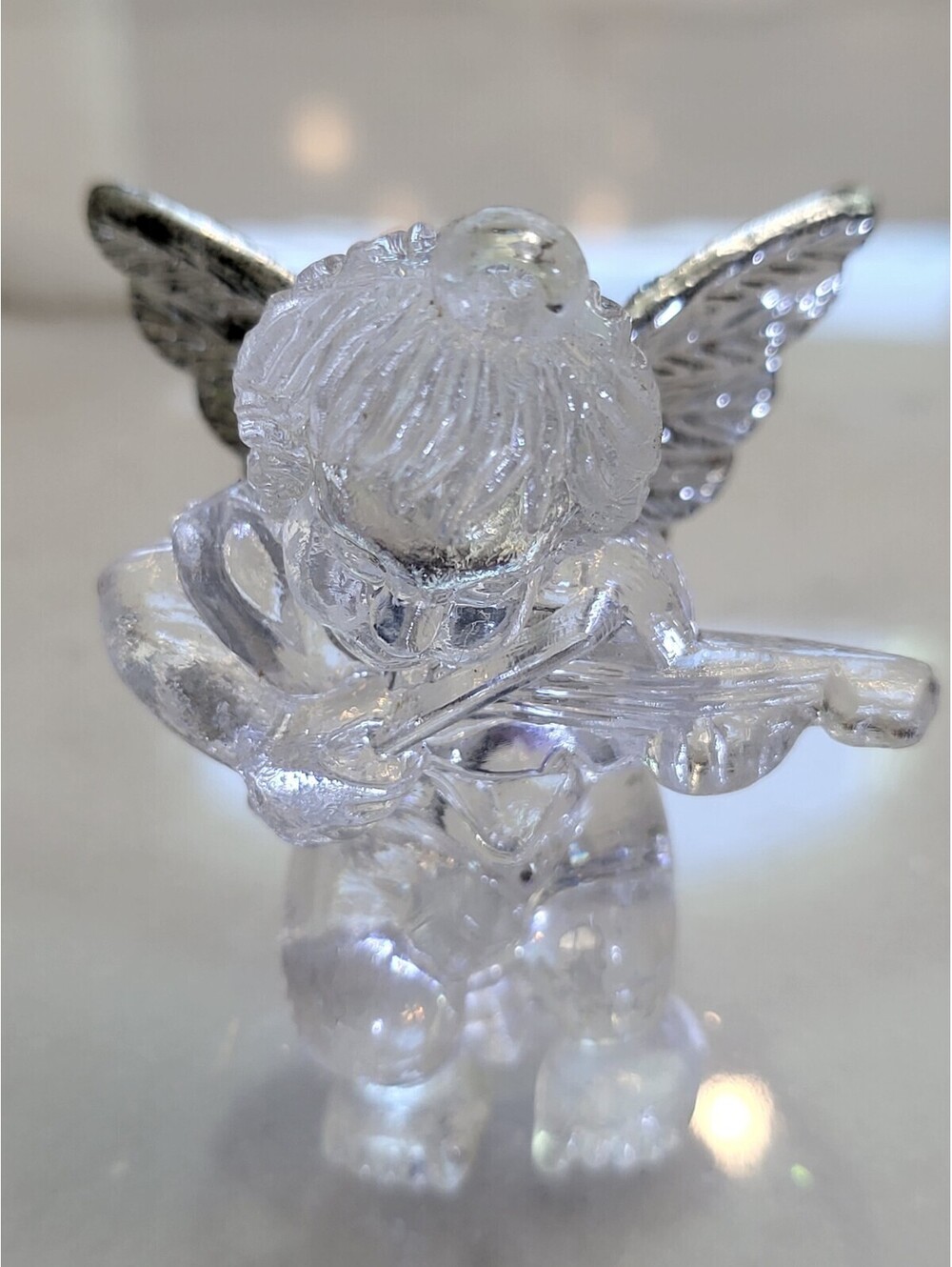 Vtg Acrylic Clear Angel Silver Wings Playing Violin Christmas Ornament 2.5" A83